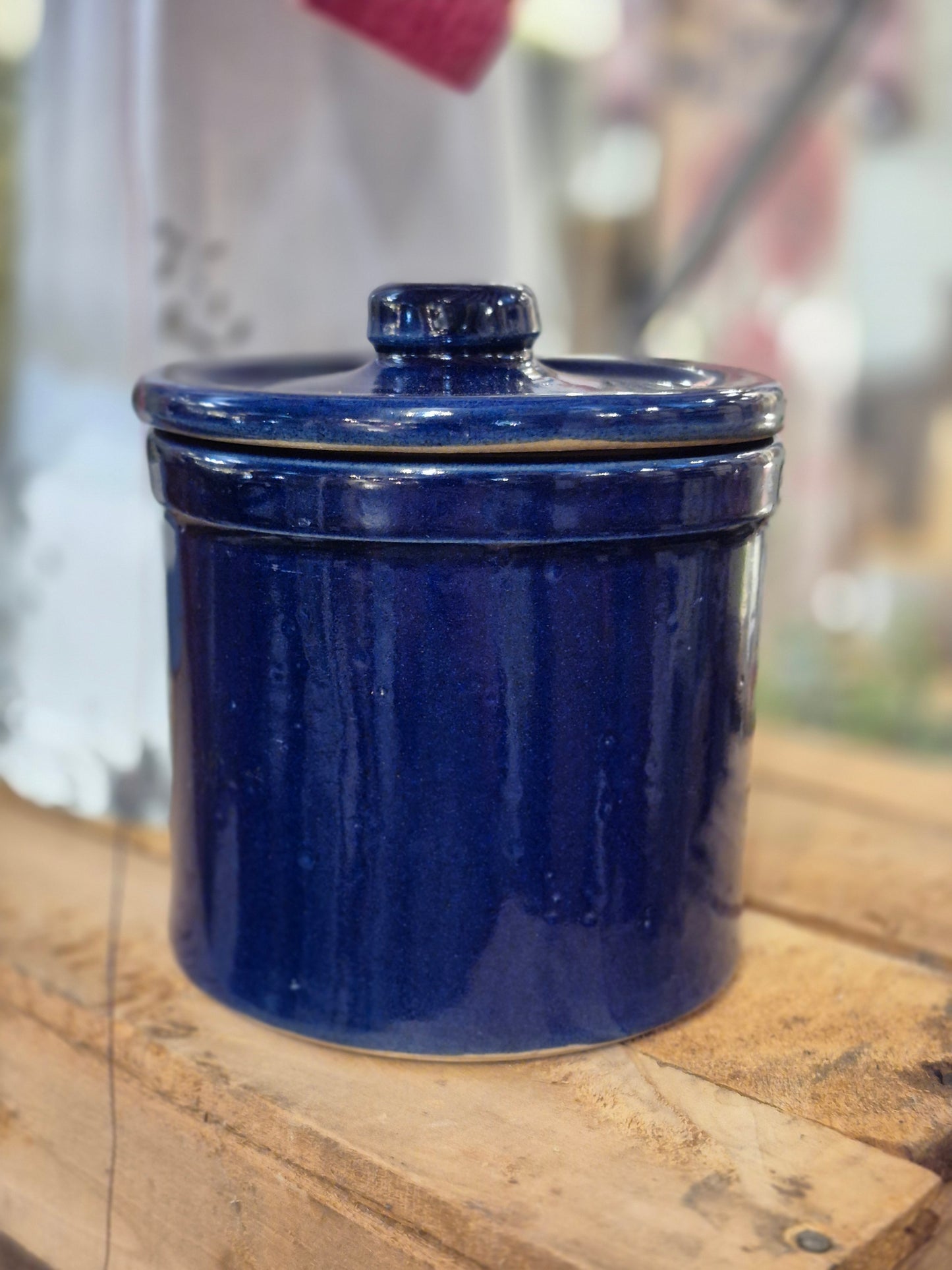 Small blue crock with lid